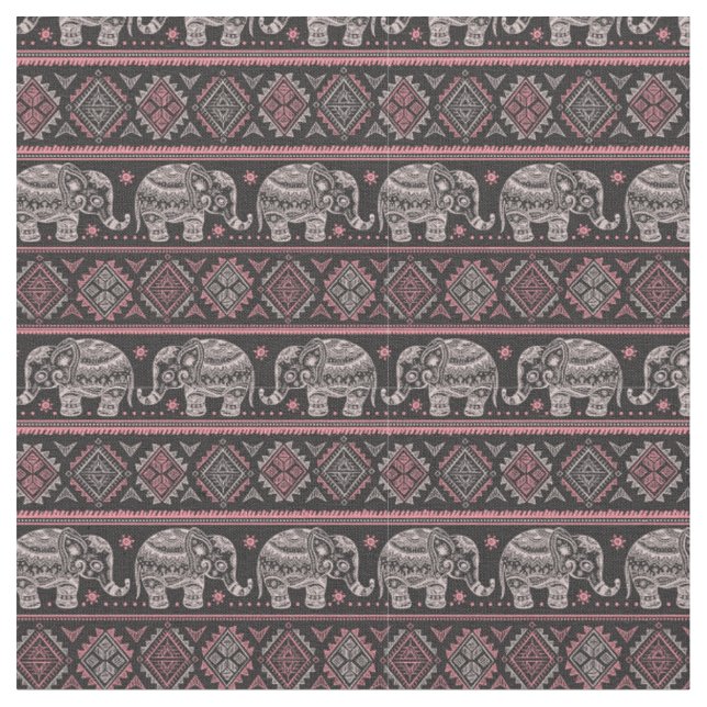 Black Ethnic Elephant Mönster Tyg (Närbild)