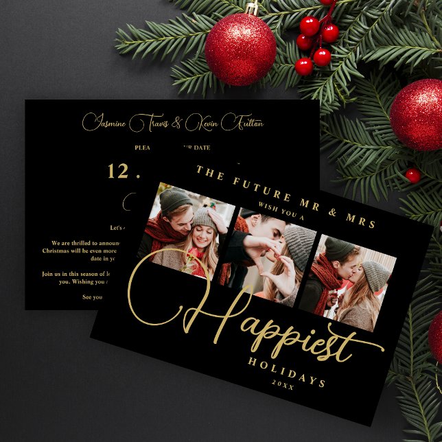 Black Exquisite Sophisticated Wedding Xmas 3Photos Spara Datumet (Black Exquisite Sophisticated Wedding Christmas 3 Photos in Fake Gold Holiday as a Save the Date.)