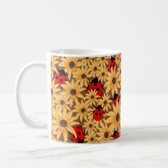 Black-Eyed Susan And Ladybugs Seamless Pattern Kaffemugg (Vänster)