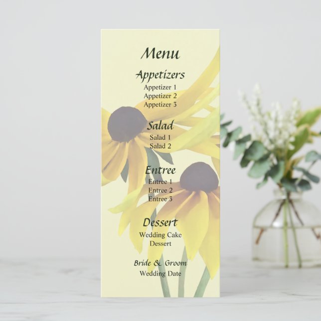 Black Eyed Susans with Curly Petals Bröllop Menu Meny (Stående Fram)