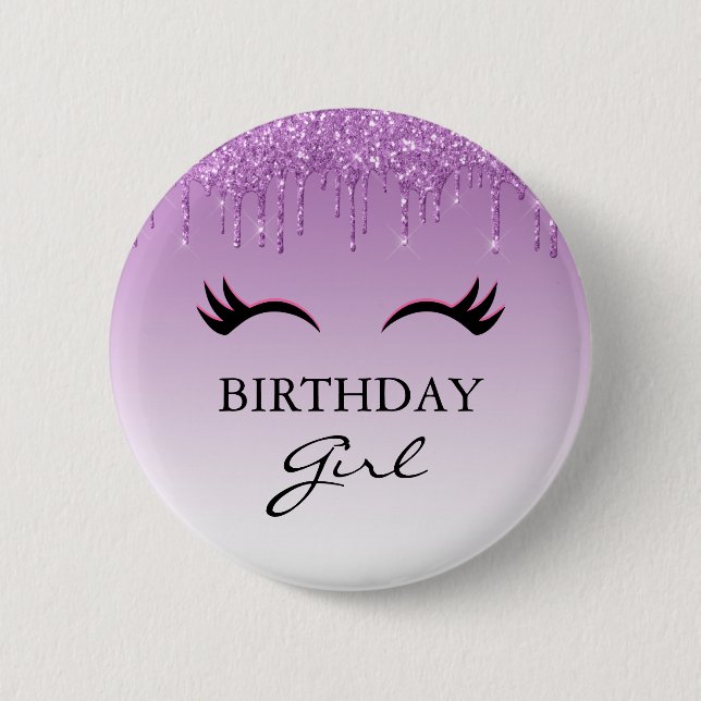 Black Eyelash & Lila Glitter Birthday Girl Knapp (Framsida)