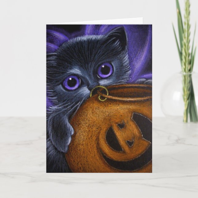 BLACK FAIRY KITTEN CAT HALLOWEEN PUMPKIN BASKET KORT (Framsida)