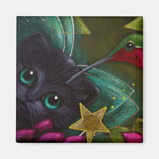 BLACK FAIRY KITTEN CAT & HUMINGBIRD Magnet (Framsidan)