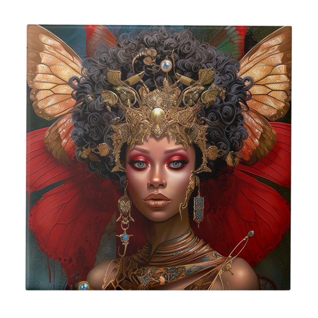 Black Fairy Queen Red Guld Fairy Fantasy Art Kakelplatta (Framsidan)
