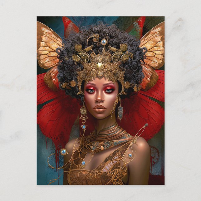 Black Fairy Queen Red Guld Fairy Fantasy Art Vykort (Framsida)