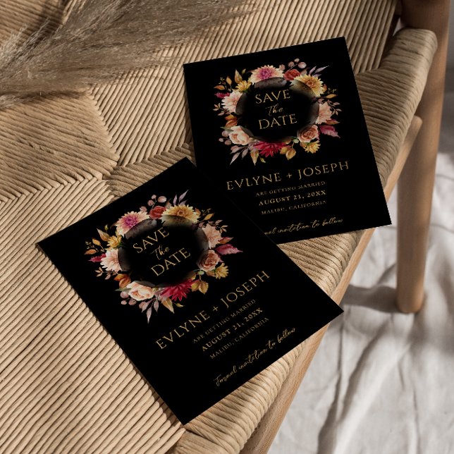 Black Fall Blommigt Modern Mörk Boho Bröllop Spara Datumet (Skapare uppladdad)