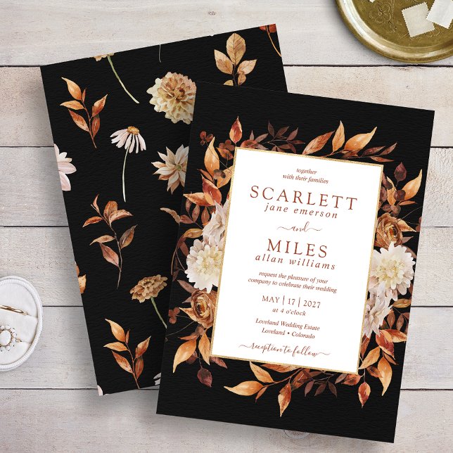 Black Fall Terracotta Watercolor Blommigt Bröllop Inbjudningar (Black Fall Terracotta Watercolor Floral Wedding Invitation
)