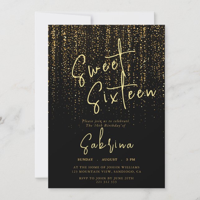 Black Falling Golden Sparkles Sweet 16 Birthday Inbjudningar (Framsida)
