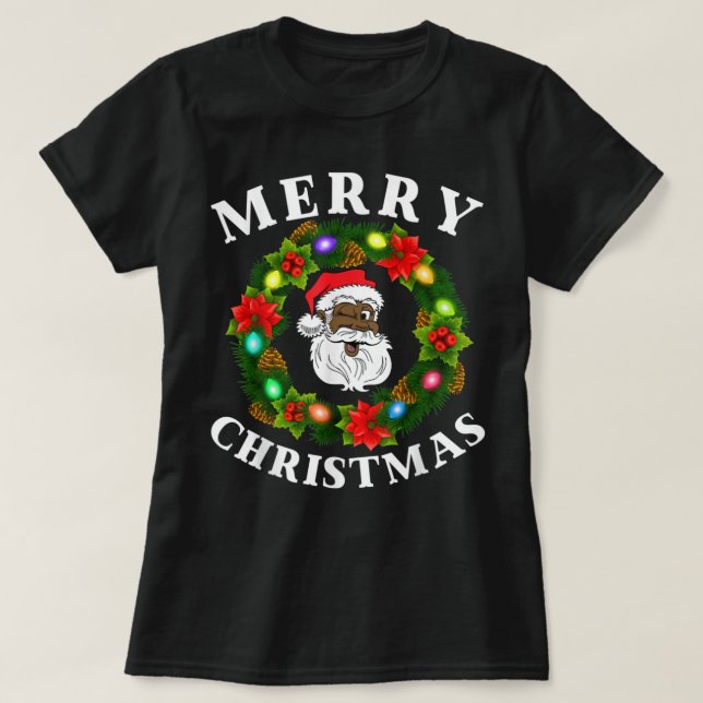 Black Family Merry Christmas Wreath African Americ T Shirt (Design framsida)