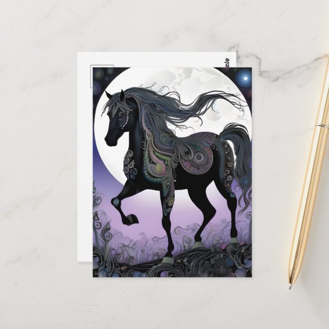 Black Fantasy Horse Vykort (Fram/Back In Situ)