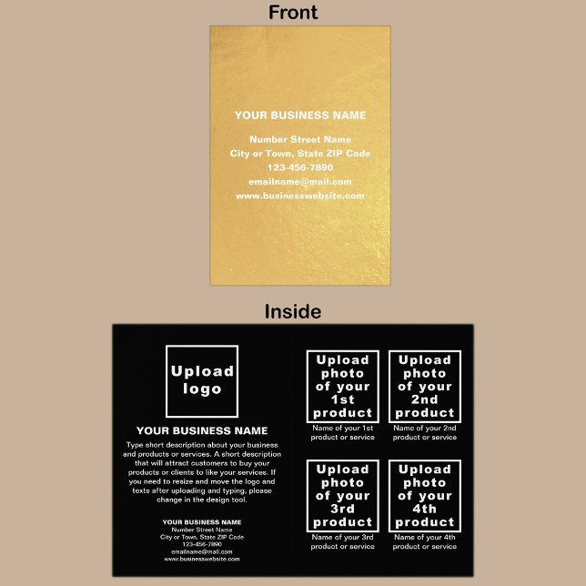 Black Färg Business Brand on Foil Card Folierat Kort (Your business brand on card with gold foil background. Black background inside.)