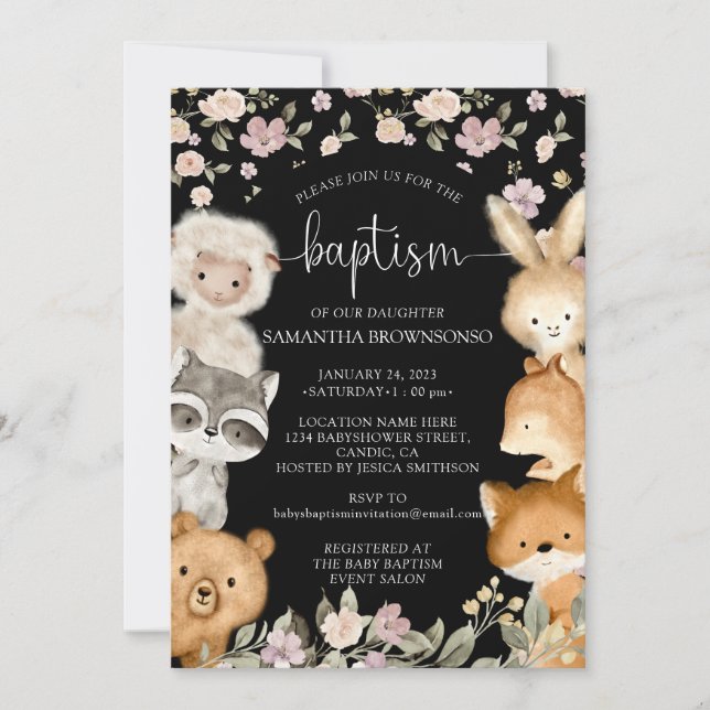 Black Farm Bear Fox Rabbit Raccoon Baptism Inbjudningar (Framsida)