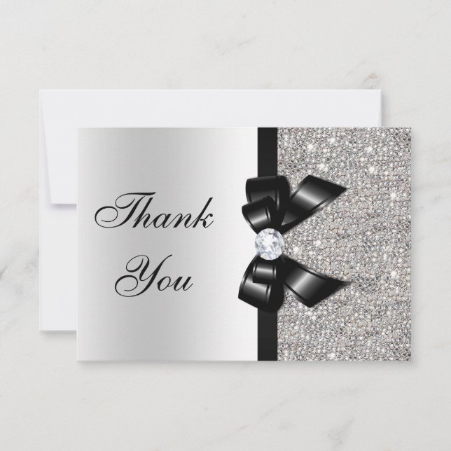 Black Faux Bow Silver Diamonds Tack Kort (Framsida)