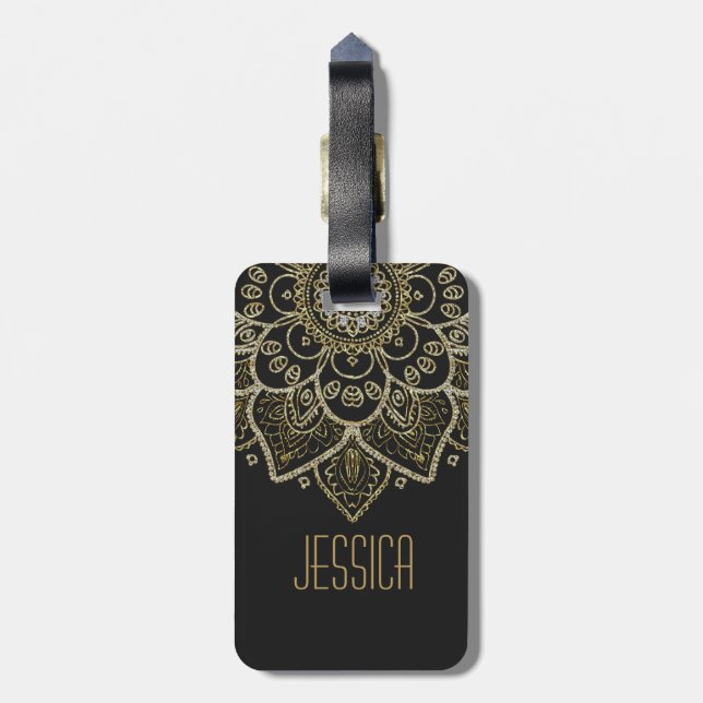Black Faux Glitter och Guld Blommigt Mandala Bagagebricka (Baksidan Lodrät)