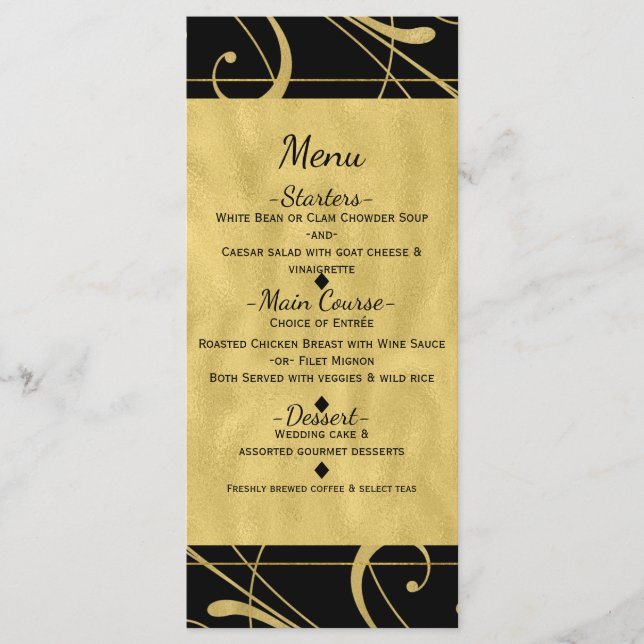 Black & Faux Guld Blommigt Swirl Chic Bröllop Menu Meny (Framsida)