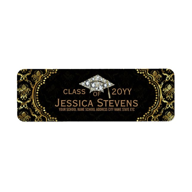 Black & Faux Guld Damasker & Glitter Grad Hat Returadress Etikett (Framsidan)