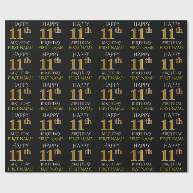 Black, Faux Guld "LYCKLIG 11 BIRTHDAY" Presentpapper (Platt)