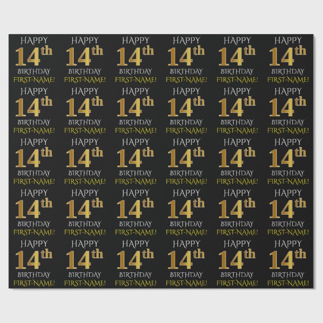 Black, Faux Guld "LYCKLIG 14:e BIRTHDAY" Presentpapper (Platt)