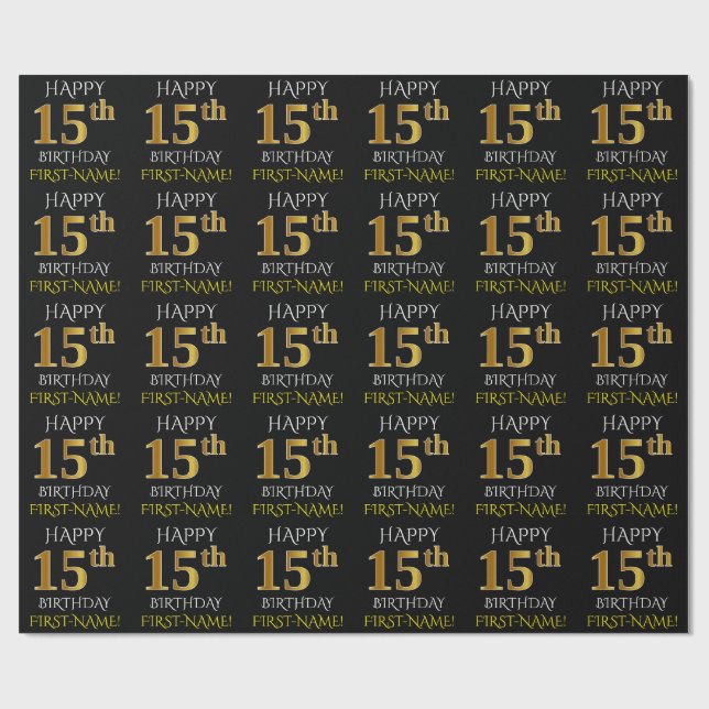 Black, Faux Guld "LYCKLIG 15 BIRTHDAY" Presentpapper (Platt)