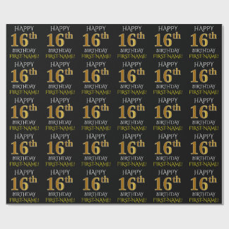 Black, Faux Guld "LYCKLIG 16:e BIRTHDAY" Presentpapper