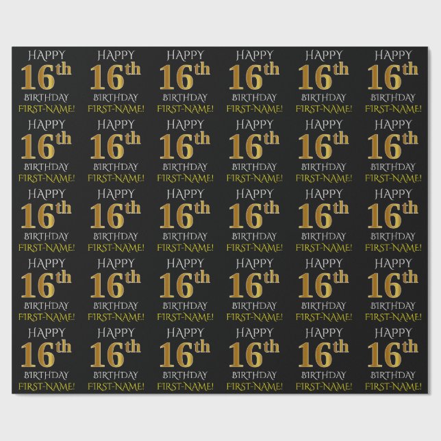Black, Faux Guld "LYCKLIG 16:e BIRTHDAY" Presentpapper (Platt)