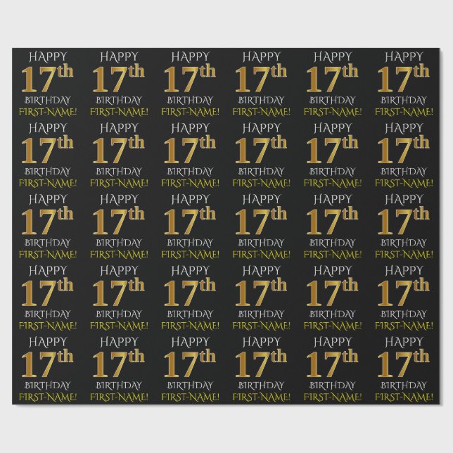 Black, Faux Guld "LYCKLIG 17:e BIRTHDAY" Presentpapper (Platt)