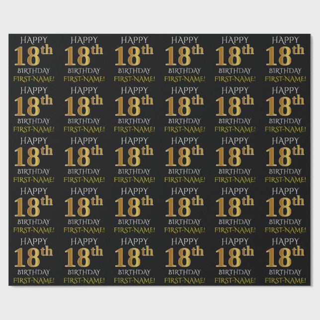 Black, Faux Guld "LYCKLIG 18:e BIRTHDAY" Presentpapper (Platt)