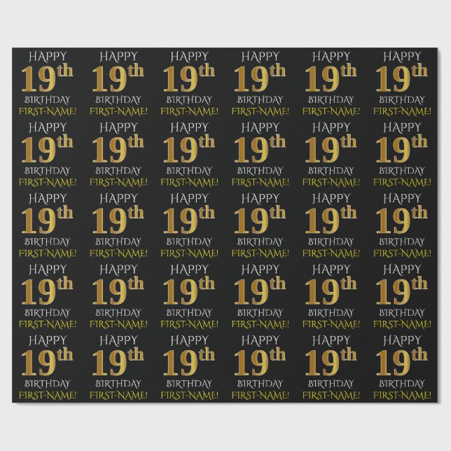 Black, Faux Guld "LYCKLIG 19:e BIRTHDAY" Presentpapper (Platt)