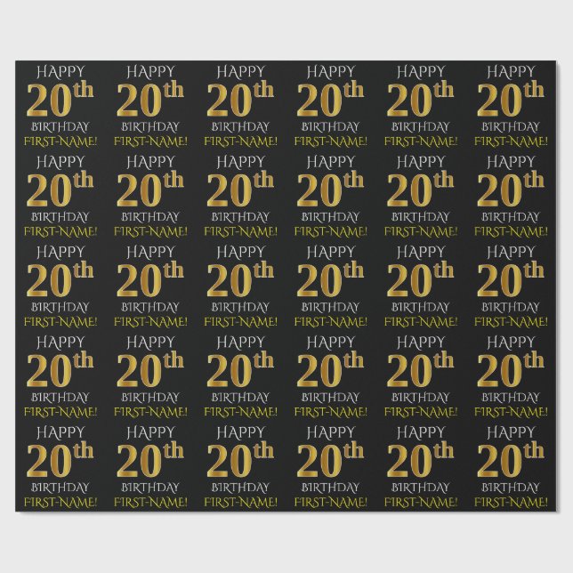 Black, Faux Guld "LYCKLIG 20 BIRTHDAY" Presentpapper (Platt)