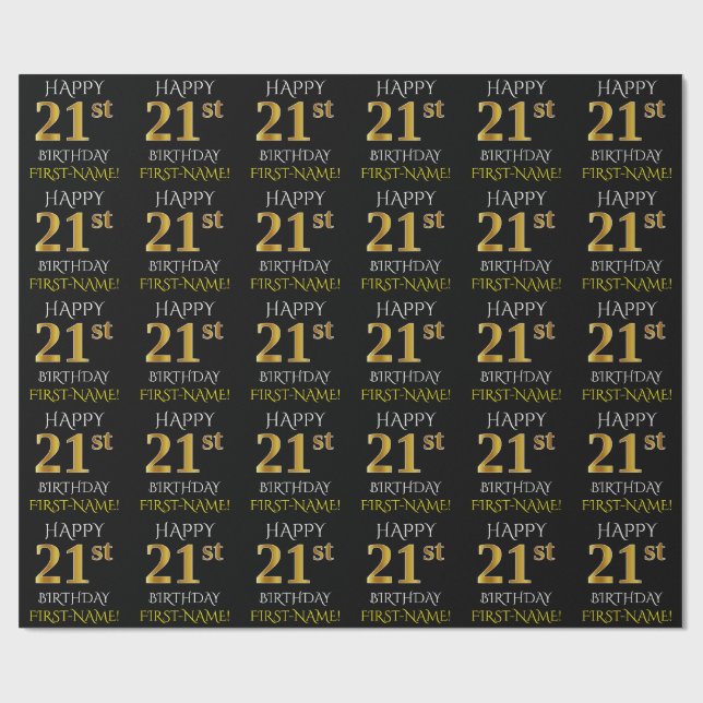 Black, Faux Guld "LYCKLIG 21:a BIRTHDAY" Presentpapper (Platt)