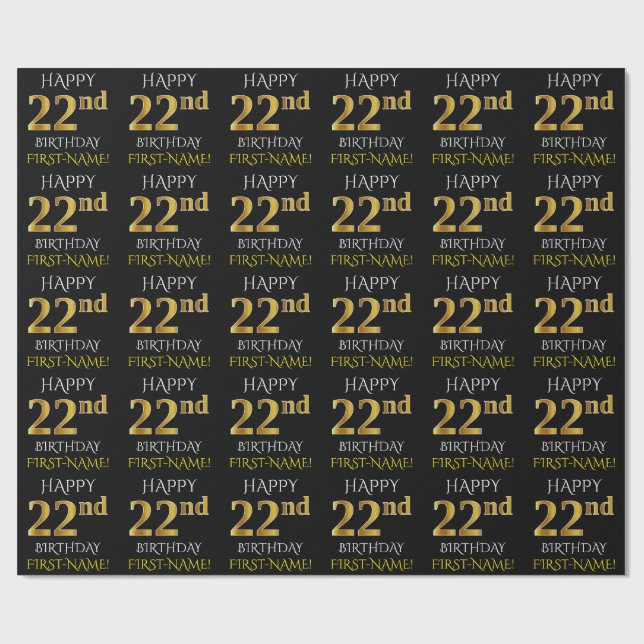 Black, Faux Guld "LYCKLIG 22:a BIRTHDAY" Presentpapper (Platt)