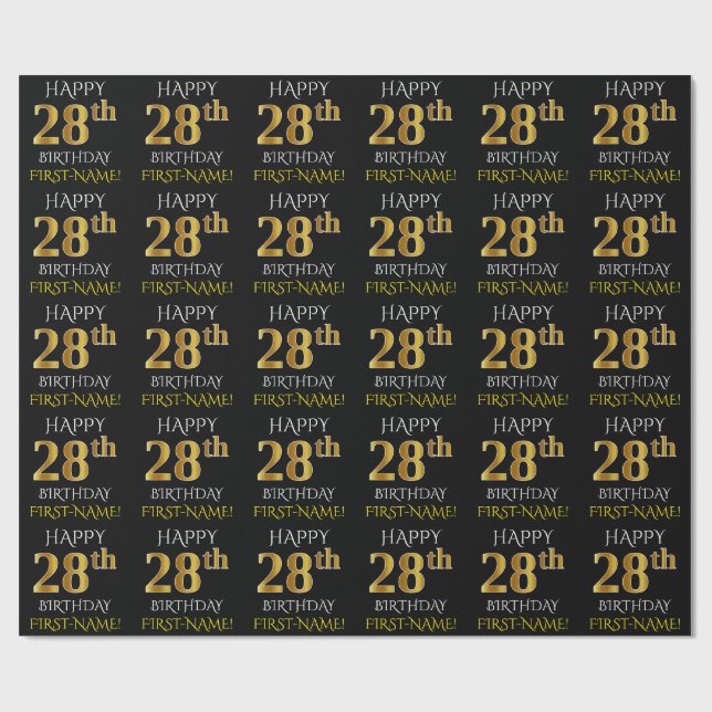 Black, Faux Guld "LYCKLIG 28:e BIRTHDAY" Presentpapper (Platt)