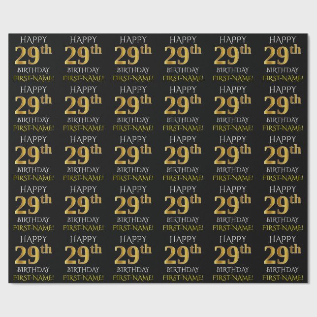 Black, Faux Guld "LYCKLIG 29:e BIRTHDAY" Presentpapper (Platt)