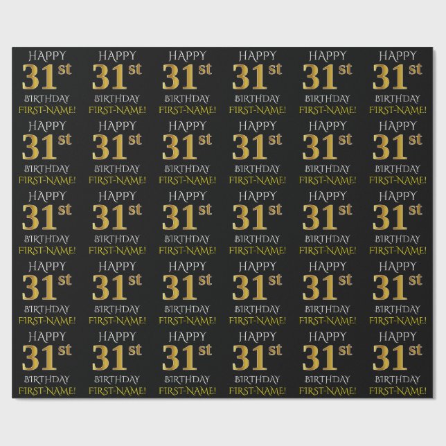 Black, Faux Guld "LYCKLIG 31a BIRTHDAY" Presentpapper (Platt)