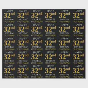 Black, Faux Guld "LYCKLIG 32:a BIRTHDAY" Presentpapper