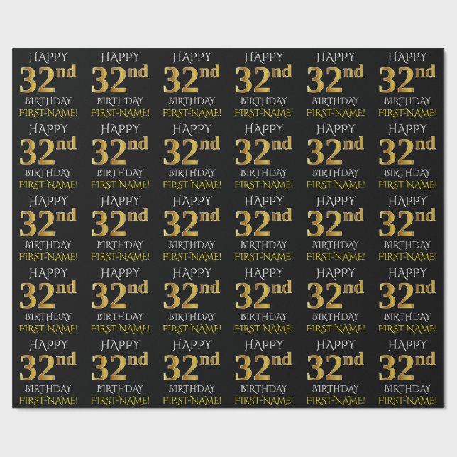 Black, Faux Guld "LYCKLIG 32:a BIRTHDAY" Presentpapper (Platt)