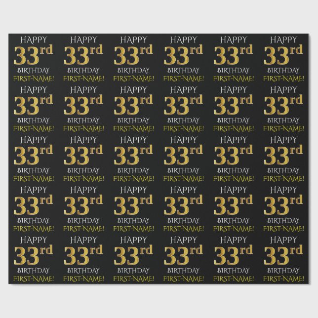 Black, Faux Guld "LYCKLIG 33:e BIRTHDAY" Presentpapper (Platt)