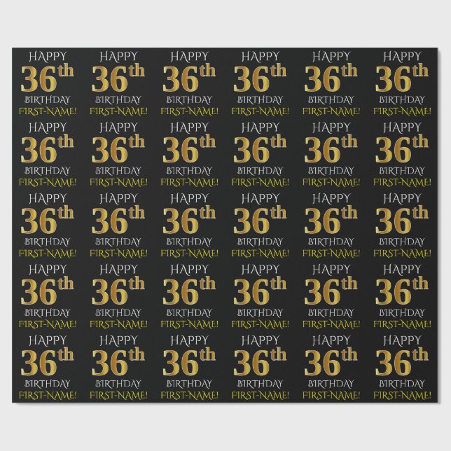 Black, Faux Guld "LYCKLIG 36:e BIRTHDAY" Presentpapper (Platt)