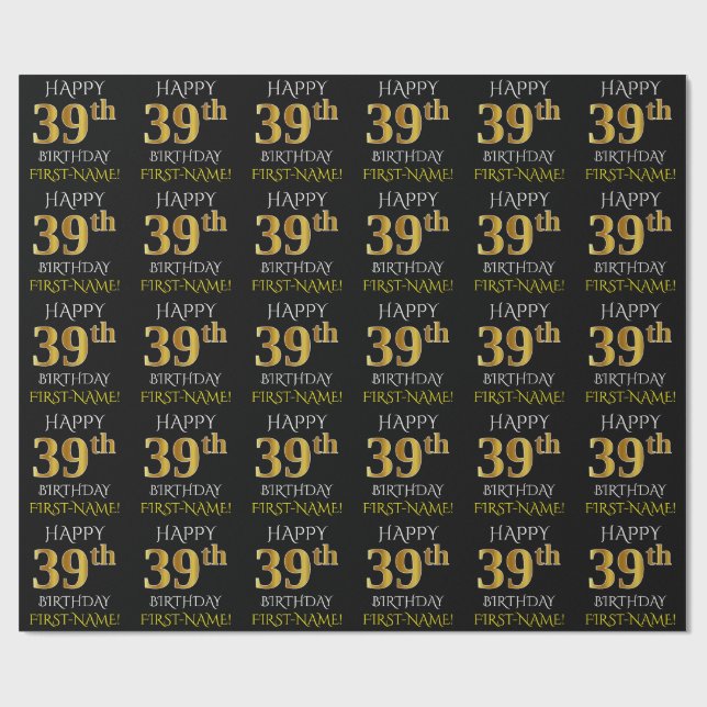Black, Faux Guld "LYCKLIG 39:e BIRTHDAY" Presentpapper (Platt)