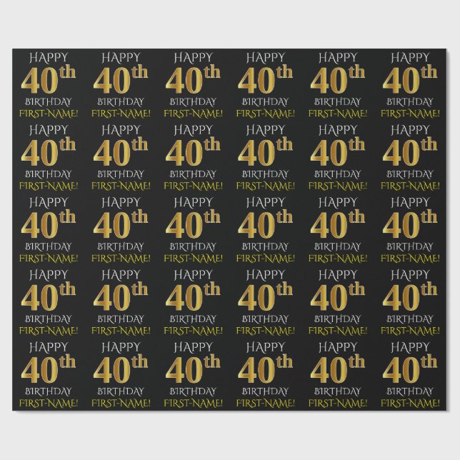 Black, Faux Guld "LYCKLIG 40:e BIRTHDAY" Presentpapper (Platt)