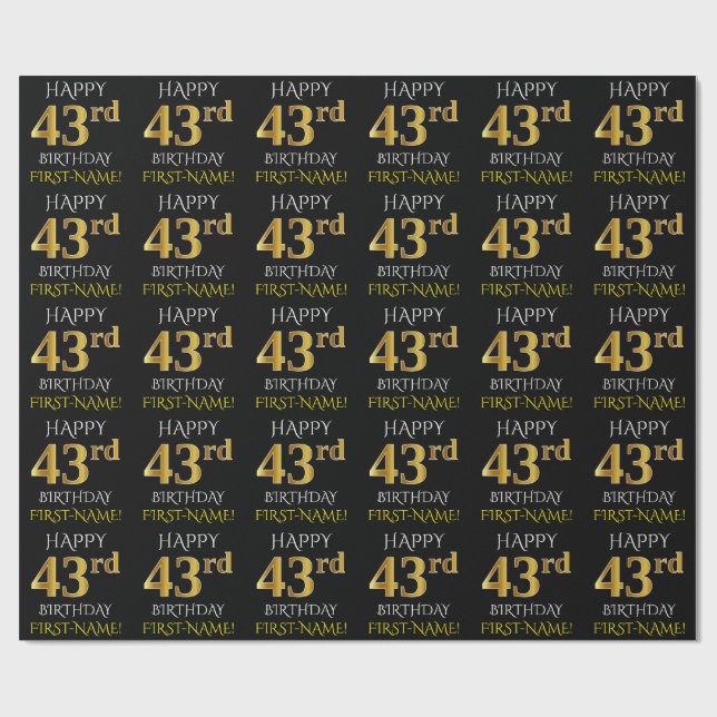 Black, Faux Guld "LYCKLIG 43:e BIRTHDAY" Presentpapper (Platt)