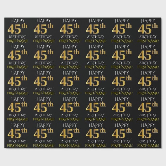 Black, Faux Guld "LYCKLIG 45:e BIRTHDAY" Presentpapper (Platt)