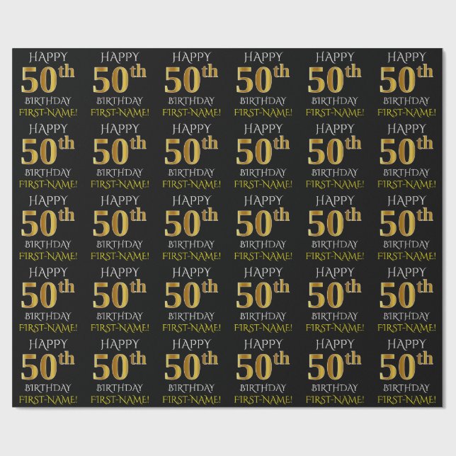 Black, Faux Guld "LYCKLIG 50 BIRTHDAY" Presentpapper (Platt)