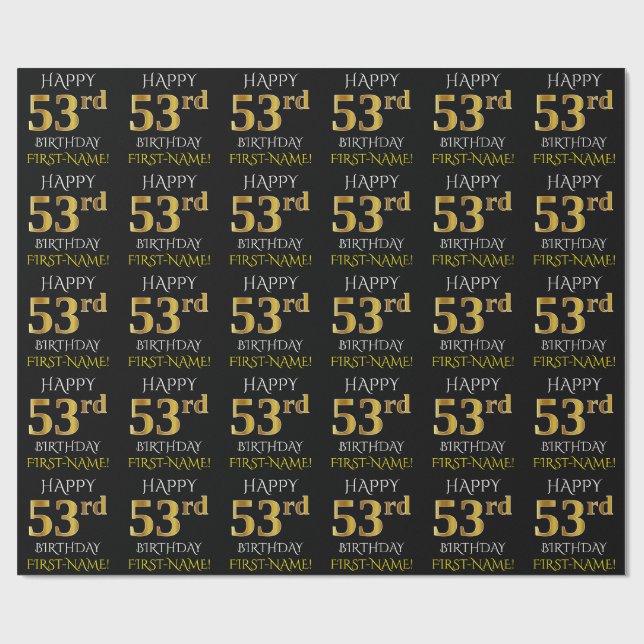 Black, Faux Guld "LYCKLIG 53:e BIRTHDAY" Presentpapper (Platt)