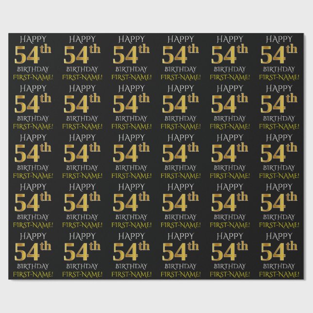 Black, Faux Guld "LYCKLIG 54:e BIRTHDAY" Presentpapper (Platt)
