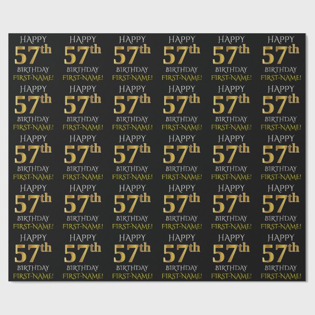 Black, Faux Guld "LYCKLIG 57:e BIRTHDAY" Presentpapper (Platt)