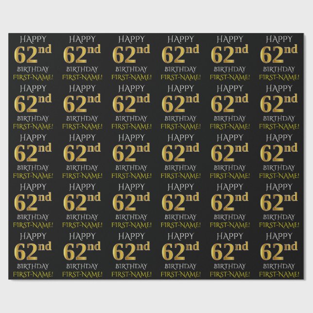 Black, Faux Guld "LYCKLIG 62:a BIRTHDAY" Presentpapper (Platt)
