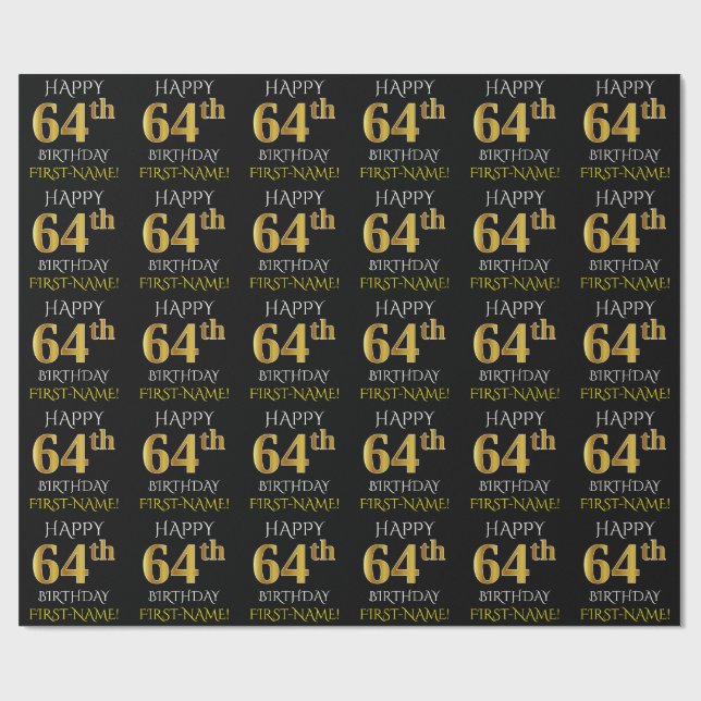 Black, Faux Guld "LYCKLIG 64:e BIRTHDAY" Presentpapper (Platt)