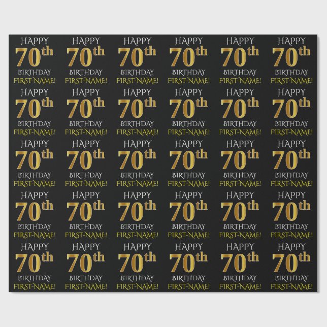 Black, Faux Guld "LYCKLIG 70 BIRTHDAY" Presentpapper (Platt)