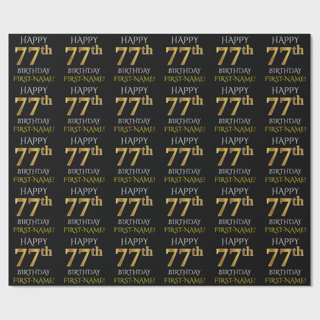 Black, Faux Guld "LYCKLIG 77:e BIRTHDAY" Presentpapper (Platt)